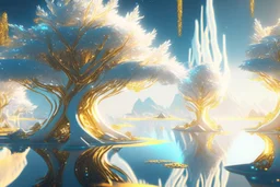 white and gold crystal cosmic and galactic ambiance sky trees river lake surreal scifi futuristic, full of details, smooth, bright sunshine，soft light atmosphere, light effect，vaporwave colorful, concept art, smooth, extremely sharp detail, finely tuned detail, ultra high definition, 8 k, unreal engine 5, ultra sharp focus