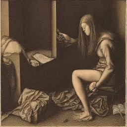 depressed woman typing at a smartphone laying on the floor of a dark bedroom, by albrecht duhrer