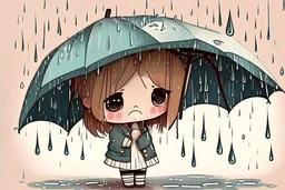 cute sad chibi girl crying in the rain under an umbrella