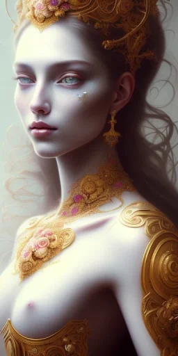 ultradetailed beautiful portrait painting of love Aphordite with short flowing brown hair and sharp piercing gaze of deep grey eyes, alluring beauty, smile lip, wearing jewels, roses, ultra ornate, gold leaf deatils, wearing white dress, by conrad roset, greg rutkowski and artgerm, trending on artstation