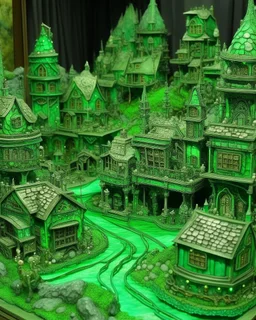 A green mechanical village with crystals painted by Alfred Sisley