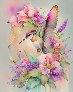 "floral hummingbird" hand-drawn watercolor, muted tones, flowers everywhere, REALISTIC