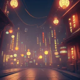 low-light japanese city street with laterns, bird perspective, realistic, steampunk, 3d-art, futuristic, minimal design, unreal engine, ray-tracing