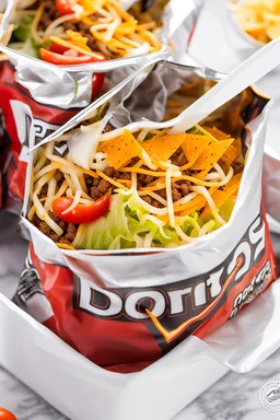 "Taco in a Bag" which consists of an open Doritos chip bag with sides rolled down, containing Doritos chips and cooked ground beef and lettuce and shredded cheese and chopped tomato pepper and onions and topped with more nacho chips, plastic fork, food blogger photography