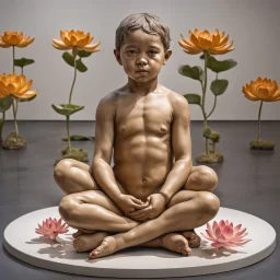 Hyperreal sculpture by John De Andrea, child in a flower Gei sitting in lotus pose on a museum display, hyperrealism