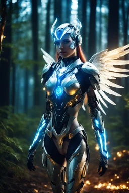 Front View night photography Beautiful Angel woman cyborg, warframe armor in Magical Forest full of lights colors, Photography Art Photoshoot Art Cinematic Soft Blur Colors - on Running Dramatic Pose