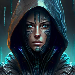 portrait of a cyborg woman cyberpunk wearing hood