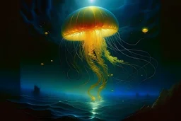 art Atlantic Ocean storm of glowing jellyfish and lights in the night, Catherine Welz Stein, Dmitry Vishnevsky