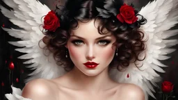 Angel with black wings, ruffled feathers, dark red rose, red droplets, chiaroscuro, perfect face, perfect eyes, glamorous, gorgeous, delicate, romantic, Harrison Fisher