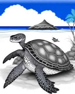 coloring pages for kids, Pacific island shaped Japanese ink painting, paradise, sea turtles , Art drawing .super detailed, low detail, black and white, no shading, --ar 85:110