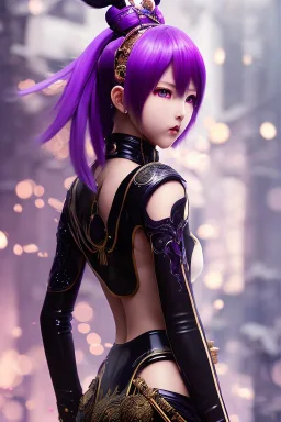 Detailed cute anime Kunoichi girl, purple hair buns, purple bangs, black latex bodysuit, intricate details, full body portrait, keep head in frame, slight smile, black Japanese motif, concept art, highly detailed, digital painting, concept art, sharp focus, illustration, art by Yoji Shinkawa, WLOP and greg rutkowski and alphonse mucha and artgerm and yanjun Chen and Junji ito and Makoto Shinkai, HDR, octane render