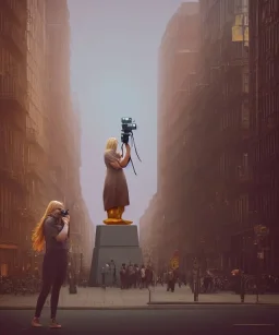 Statue of Queen of photography. Cute blonde woman. Photographer in golden crown. Standing on the street. Big camera in her hand. hyperdetailed, photorealistic, trending on artstation, greg rutkowski, beksinski, kodachrome, lomography, golden hour, bokeh, volumetric light