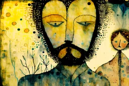 double exposure, merged layers, knitted dream, painted and burned burlap, handsome 40 years old man, dew drops, styles of Paul Klee Dee Nickerson and Tim Burton, melting watercolor and black ink outlines on wet paper, soft, shading strokes, heart and love, corrosion, golden patina natural pastel colors in sunshine, ethereal, otherwordly, cinematic postprocessing, bokeh, dof