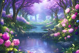 a beautiful scene of a forest in the distance with very purple trees and a shimmering blue river going down the forest the sky is an orangey pink, and lots of flowers on the river banks, very realistic details