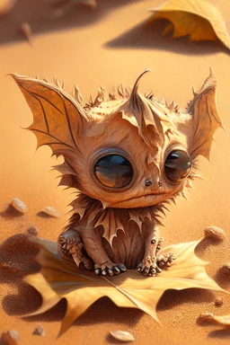 cute faced tiny desert demon sitting on a dried leaf, intricately detailed, photorealistic, oil on canvas, trending on art station, high definition, hdr, cute, beautiful in sunshine