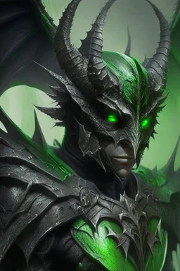 Demonio con armadura verde con negro y alas verdes viendo a los ojos a un caballero de armadura negra