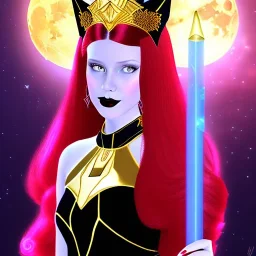 Attractive young teenage girl with golden fire red hair wearing a galactic tiara, who is dressed like a witch casting a spell with a quarterstaff on the moon, she has cat ears and open dazzling blue eyes, has a normal nose, background is realistic space, the girl is on a planet, black goth girl dress, full body portrait, arm colors gradient effect into stars, rendered, unity 3d, unreal engine, dslr, hdr, 4k, edited, photorealistic, normal number of appendages, freckles, artists rendered,