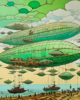 A mint color sky filled with airships painted by Gustav Klimt