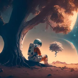 A lonely astronaut sits under the shade of an old tree on the edge of a planet. He looks at a beautiful galaxy. And he is thinking while waiting for his love.4k, high resolution. full detail.