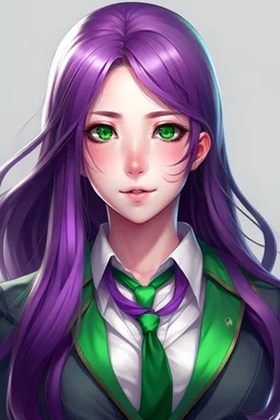 beautiful woman with green eyes and long purple hair anime realistic in a school uniform