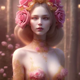 red rose beautiful girl smile,utra realistic,highly detailed, gold, pink, jewels, lace, masterpiece, delicate detailed, sharp focus, insanely detailed, fantasy art, intricate detailed, elegant, fog, Special Lighting, Vibrant, color Scheme, forest, unreal engine 5, trending on artstation