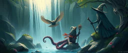 octopus bird witch bear by waterfall looks beyond really powerful, fantasy illustration