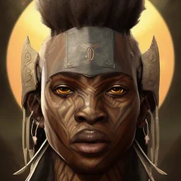 African warrior, ominous, dnd character portrait, waist up portrait, intricate, oil on canvas, masterpiece, expert, insanely detailed, 4k resolution, retroanime style, cute big circular reflective eyes, cinematic smooth, intricate detail , soft smooth lighting, vibrant colors, hokusai style arm sleeve tatoo