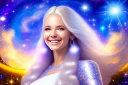 very beautiful cosmic women with white long hair, smiling, with cosmic silver dress and brightly earings. in the background there is a bautiful sky with stars and light beam