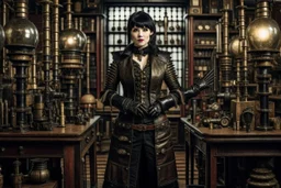 full-length pale dark-haired woman with a straight bob hairstyle with a fringe, in a steampunk leather outfit, and gloves, standing in a steampunk laboratory