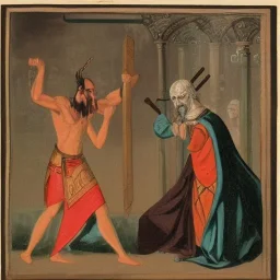 Priest smiting demonic Warlord, romanticised art.