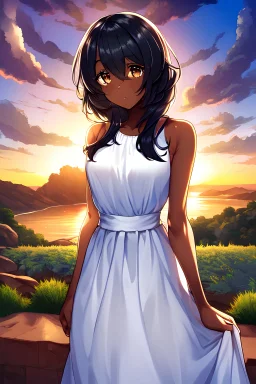 anime girl, black hair, brown eyes, brown skin, white dress, sunset outdoors