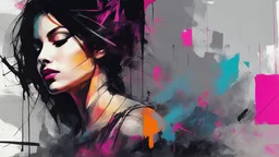 aesthetic, painterly style, modern ink, jinx, sensual, sultry, neon. dark blouse, expressive pose, urbanpunk, abstract texture multilayer background, neo-expressionist , Russ Mills, Ian Miller