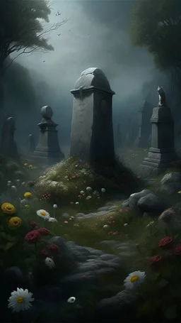 Bosch nightmares paining style Title:a a grave yard tall stone written on it a dry dark color flowers 8k artistic photography, photorealistic concept art, soft natural volumetric cinematic perfect light, chiaroscuro, award-winning photograph, masterpiece, oil on canvas, Raphael, Caravaggio, Greg Rutkowski, people, beksinski, Giger