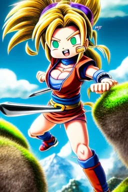 In the style of Toriyama, hyper detailed, strikingly beautiful teen female, 16 years old, long ponytail, ginger hair, green eyes, medium freckles, full lips, micro top, black leather armour lined with fur, full body, full face, tiny breasts, athletic, centred camera, ignore NSFW, thong, camel toe, athletic