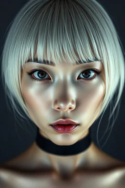 Ultra-realistic portrait of an East Asian woman with platinum blonde hair, facing forward, full-frontal view, eye-level. Her beauty is extremely unconventional and haunting — wide-set, slightly asymmetric eyes, elongated face, irregular nose, and a mysterious, cold expression. Inspired by gothic fashion, surreal aesthetics, and avant-garde photography. She looks like a strange fashion icon from a futuristic dream, with an alien-vampire aura. Dramatic lighting, pale tones, intense stare. Editoria
