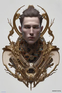 Complex 3d render ultra detailed of a handsome male porcelain profile face, biomechanical cyborg, analog, 150 mm lens, beautiful natural soft rim light, big leaves and stems, roots, fine foliage lace, colorful details, massai warrior, alexander mcqueen high fashion haute couture, pearl earring, art nouveau fashion embroidered, steampunk, intricate details, mesh wire, mandelbrot fractal, anatomical, facial muscles, cable wires, elegant, hyper realistic, ultra detailed, octane render