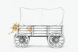 An autumn wagon. Full-color drawing. Delicate pencil drawing, line art, illustration-style, full color, on a white background. Realistic drawing. Extremely detailed and well-drawn. Flat illustration. Crisp, clean image. Hand-drawn. High-resolution, full-color drawing. Full-length image. Full-length body.