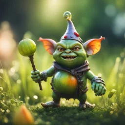 king snail gremlin t-pose upper body of gnome goblin orc made from tinted murano glass in long grass inspecting a melon ,bokeh like f/0.8, tilt-shift lens 8k, high detail, smooth render, down-light, unreal engine,bokeh like f/0.8, tilt-shift lens 8k, high detail, smooth render, down-light, unreal engine