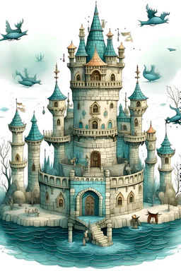 Create an image of the imaginary tower of a winter palace which is the home to a family of mythical creatures, who are protected from evil creatures by an enchanted moat around the tower.