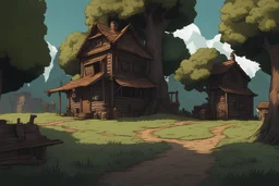 a single village house with two levels and a small warehouse in the back, under a big oak tree in the style of a grimdark point and click adventure game