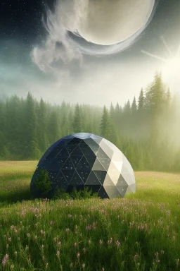 geodesic Dome a facettes transparant ultra réaliste, brouillard, prairie,riviers animé, soleil, ciel étoilé cgi,