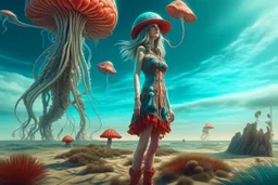 woman in a form-fitting outfit, standing on a beach of an alien world, watching mushrooms with jellyfish tentacles in the sky, photorealistic, Deep Colour, Fantastical, Intricate Detail, sunshine