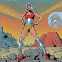 Una mujer luchadora pose de yoga de frente periodista en armadura plateada futurista en un estilo de comic de 1980 en un wasteland en montevideo con un volcan rojo de fondo y pequeños robots