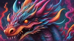 A dragon in a psychedelic futuristic dystopia graffiti art, splash art, street art, spray paint, oil gouache melting, acrylic, high contrast, colorful polychromatic, ultra detailed, ultra quality, CGSociety abstract vector fractal, wave function, Zentangle, 3d shading, cosmic fantasy, hyperrealism