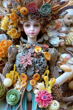 'Doll Parts" depicts a statue at Burning Man consisting of mismatched doll parts decorated with intricately detailed quilling consisting of flowers, foliage, feathers, shells, fossils, wood, pinecones, and gemstones; surrealism; Salvador Dali; Mixed media, quilling, rapturous, award-winning, intricate, insanely detailed, elegant, fantasy