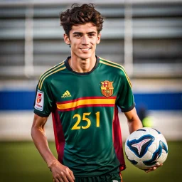 85mm DSLR color photography of a very detailed headshot fitting all of head and hair in frame. 19-year-old Spanish soccer player, and with no facial hair and has no facial hair, has short and black hair with a small smile, grey background his from catalan