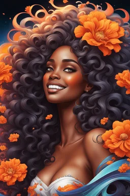 vibrant psychedelic analytic image, airbrush, 8k, cartoon art image of a black curvy female looking to the side smiling with a large mane of curly ombre hair flowing through the wind, prominent makeup with hazel eyes, highly detailed hair, background orange and white flowers surrounding her, dystopian