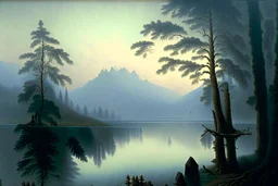 A stunning, high-resolution image of a masterpiece by Caspar David Friedrich, a renowned German Romantic landscape painter. The painting features a serene lake surrounded by towering trees, with a small wooden bridge stretching across the water. In the distance, a misty mountain range is visible. The overall atmosphere is one of tranquility and awe-inspiring beauty.