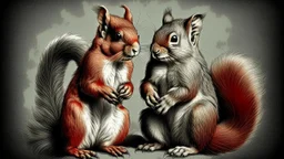 Generate an image of two squirrels in the style of Albrecht Dürer