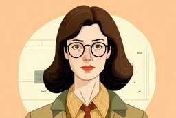 Wes Anderson cartoon of a dark haired and brown eyed woman without glasses who is a feminist and also a web developer